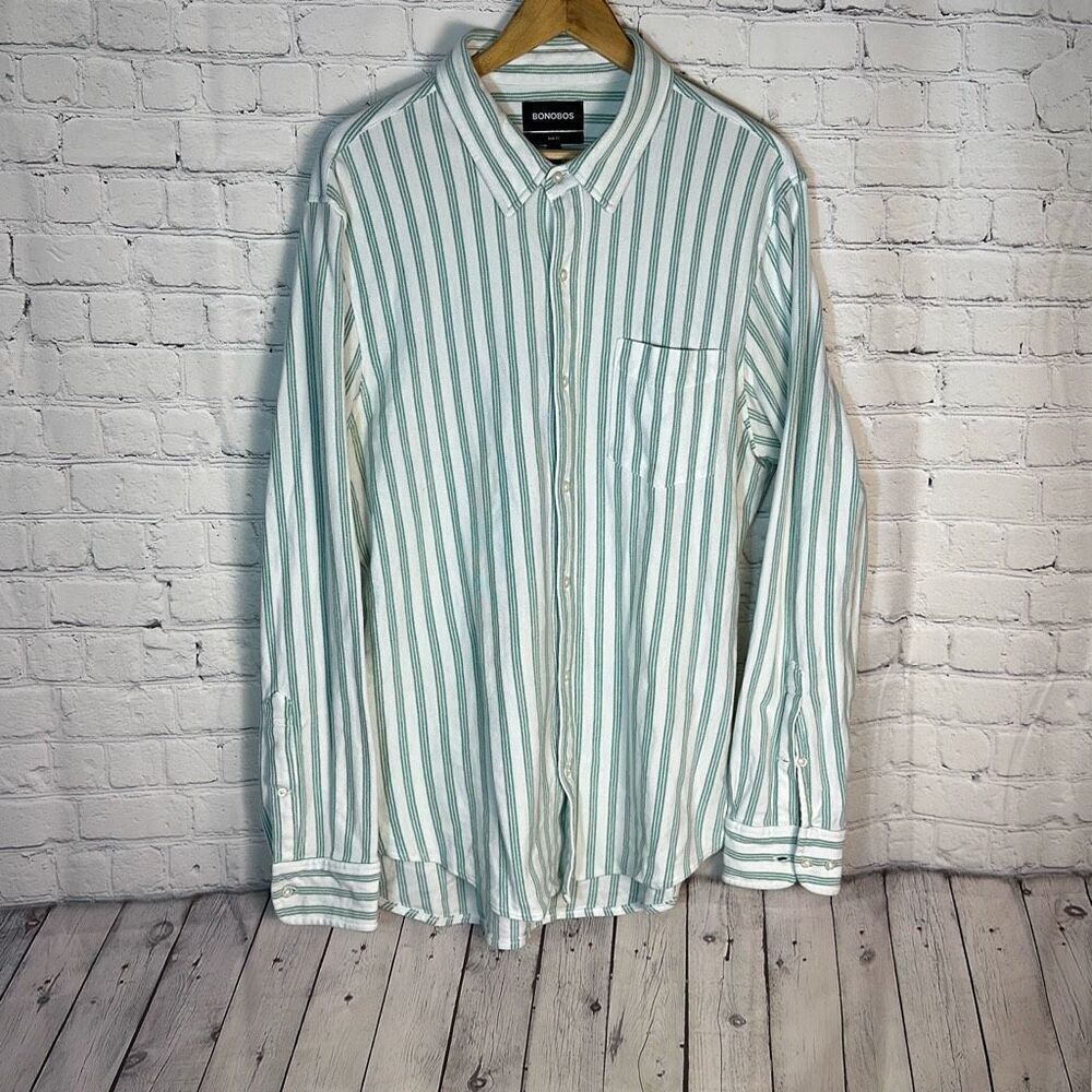 Bonobos Men Slim Fit Button Down‎ Green White Striped Size XL Long Sleeve Shirt